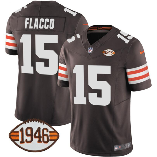 Men's Cleveland Browns #15 Joe Flacco Brown 2025 F.U.S.E. With 1946 75th Anniversary Patch Vapor Limited Stitched Football Jersey Men's Cleveland Browns #15 Joe Flacco Brown 2025 F.U.S.E. With 1946 75th Anniversary Patch Vapor Limited Stitched Football Jersey